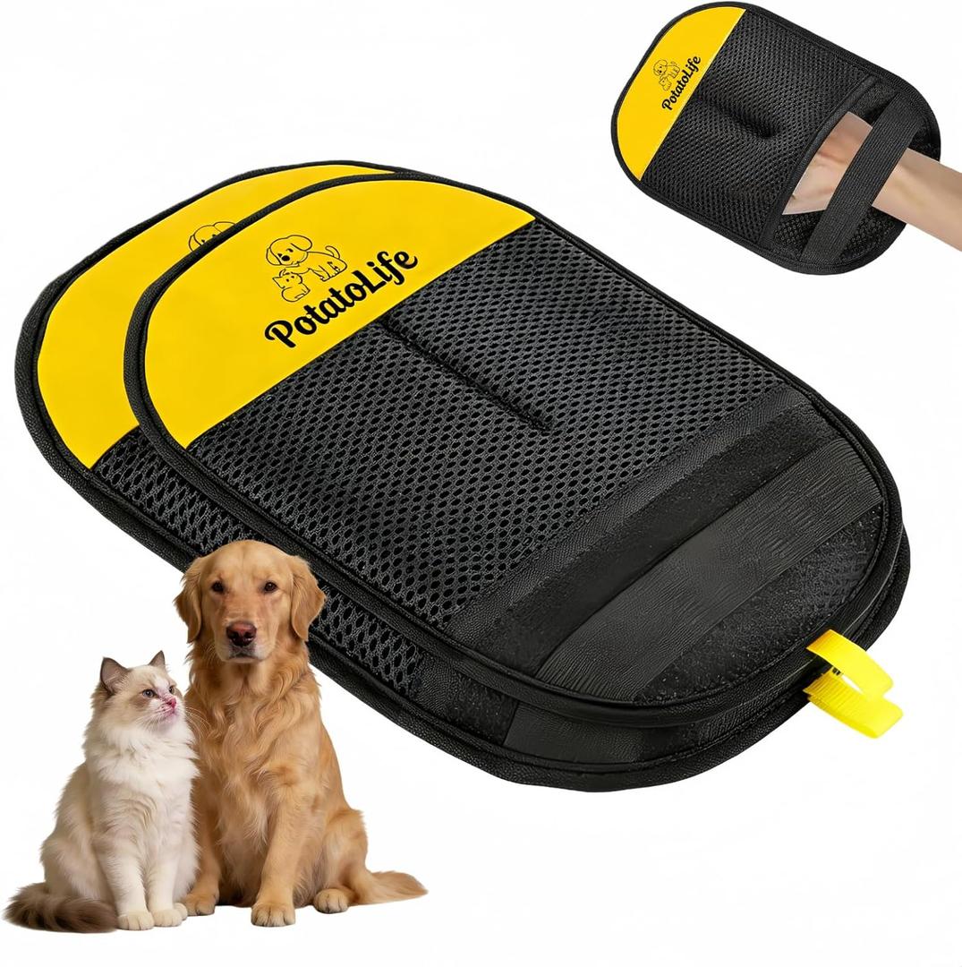 PotatoLife Pet Hair Removal Glove Upgraded Reusable Electrostatic Washable Fur Remover for Dogs Cats, Grooming Mitt for Couch, Sofa, Furniture, Carpet, Clothing and Car Seat, 2-Pack Large&Small (Black&Yellow)