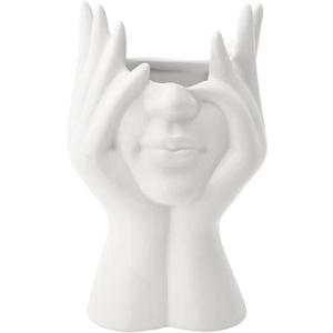 Napco Modern Hands on Face Bust Design 6.75 x 3 x 2.5 inches White Ceramic Flower Succulent Plant Pot Planter Container Holder, Indoor Outdoor Garden Dcor (Large)