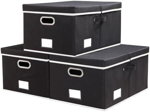 PRANDOM Storage Boxes with Lids [3-Pack] Fabric Collapsible Storage Bins Organizer Containers Baskets Cube with Cover for Home Bedroom Closet Office Nursery Black（23.4X15.9X11.5