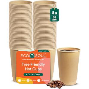 ECO SOUL 8 Oz Disposable Bagasse Paper Coffee Cups Without Lids (100 Pack)
Eco-Friendly, Biodegradable, Compostable, Leak-free & Sturdy, For Hot Drinks, Natural, Microwave Safe