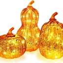 DECORKEY Fall Decorations for Home, Set of 3 Glass Pumpkin with LED Lights Thanksgiving Table Decor, Timer Lighted Pumpkin Decorations for Indoor Fall Mantel Decorating (DKGG-4054)