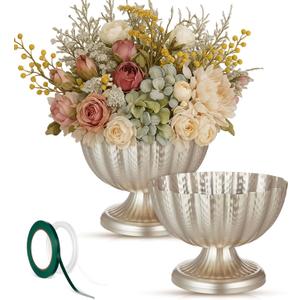 Ninehaoou 2 Pcs Large 9 Inch Compote Vase for Centerpiece Flower Holder Metal Compote Bowl Indoor Outdoor Flowers Fruits Plant for Wedding Party Decoration Christmas Home (Silver)