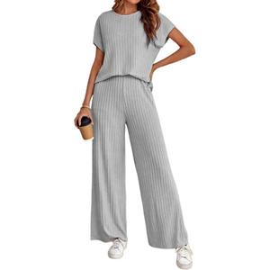 Women's Casual Two Piece Set Crewneck Short Sleeve Ribbed Knit Tops Wide Leg Lounge Outfits, XS