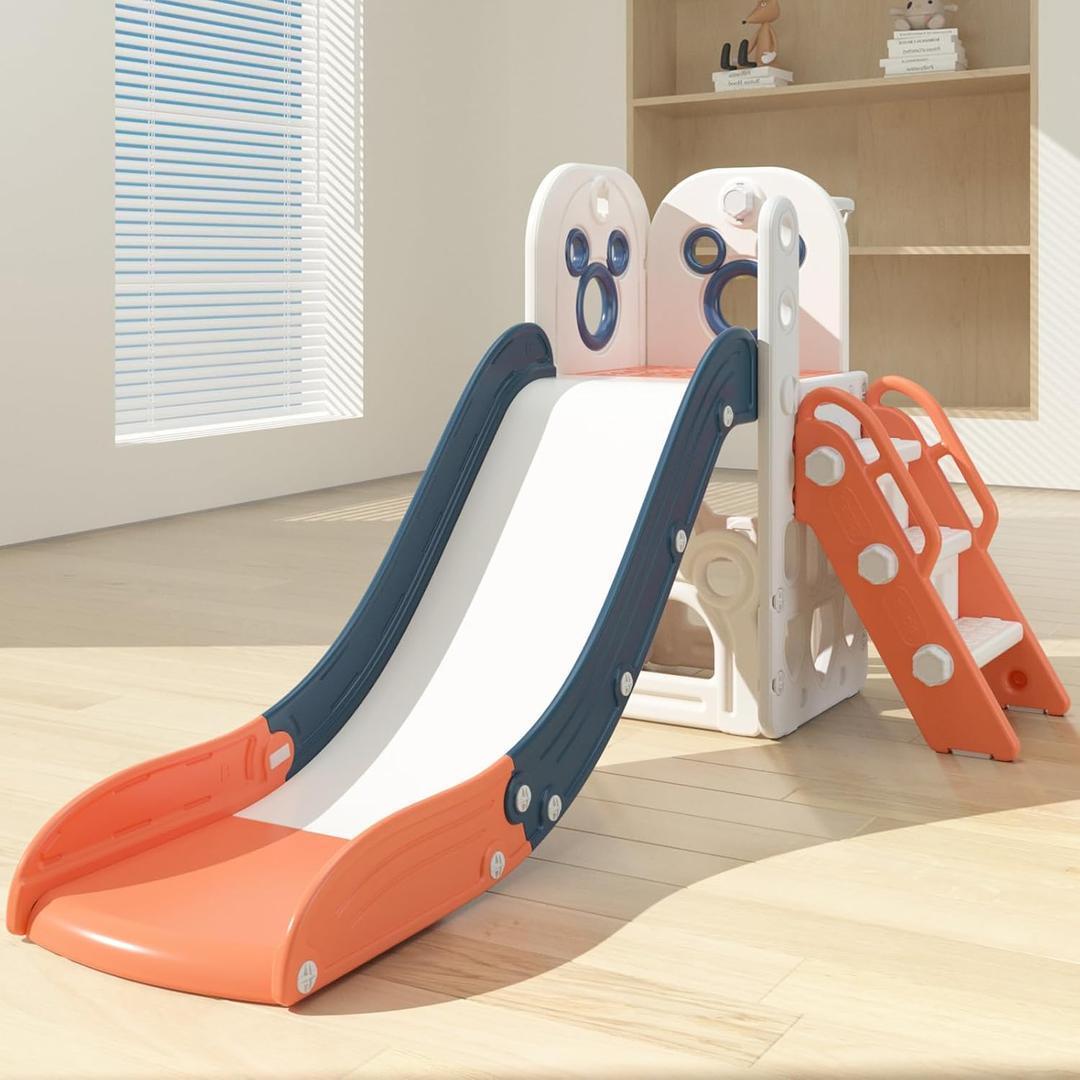 Toddler Slide L-Shaped, 5 in 1 Kids Slide Climber for Toddler, with Ball & Hoop, Indoor Outdoor Baby Playset, Anti-Slip, 65IN/165CM,Toy Storage, Ideal for Boys Girls Birthday