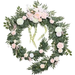 Ling's Moment 9FT Flower Garland for Backdrop Decorations - Wedding Arch Flowers, Eucalyptus & Rose, Artificial Floral Garland for Mantle - Sweetheart Table Decor for Ceremony Reception, French Pink (Pk-blush & Cream)