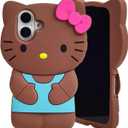 Cute 3D Kitty Kawaii Soft Silicone Case for iPhone 16 Plus 6.7", Fashion Cute 3D Kitty Kawaii Soft Silicone Animal tective Gel Shockof Gel Back Cover for Kids Women Girls Boys(Brown)