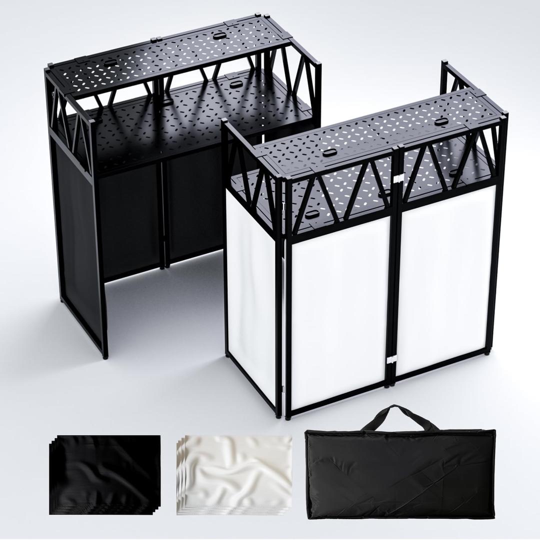DJ Facade Booth Portable DJ Booth Table, Folding 2-Tier Workstation Table with Cable Management Holes, Adjustable Leveling Feet, Black & White Scrim Panels for Wedding Party Events(Upgrade), Upgrade 40*20 Double layer