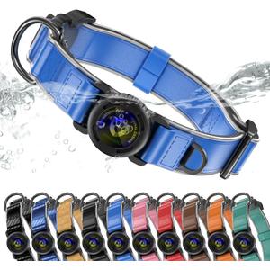 AirTag Dog Collar, Waterproof Reflective Leather Dog Collar with AirTag Holder and Magnetic Buckle, Heavy Duty Pet Collar for Small Medium Large Dogs, Blue