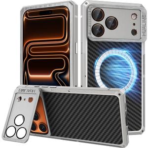 Luxury Carbon Fiber Aluminum Case for iPhone 17 Pro Max, Magnetic Heavy Duty Rugged Military Protective Phone Cover with Lens Protector Stand, Compatible with Magsafe, Titanium