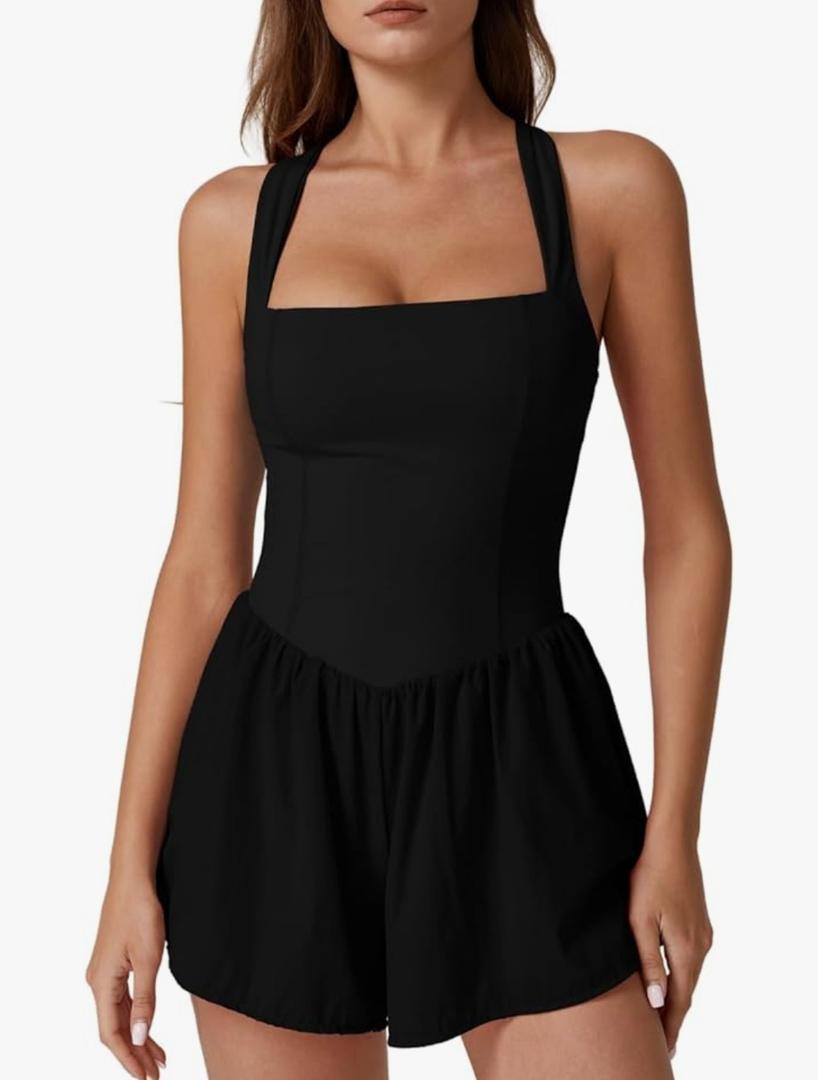 QINSEN Women's Square Neck Sleeveless Romper Jumpsuit Casual Summer One Piece Outfit with Pocket, Large Size