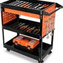 3-Tier Tool Cart with Wheels, 420 lbs Load Capacity Tool Storage Cart, Heavy Duty Metal Rolling with Drawers and Pegboards, for Warehouse, Garage, Workshop,Black