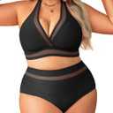 Tempt Me Women Plus Size Bikini High Waisted Swimsuits Mesh Tummy Control Two Piece Bathing Suit (Black)