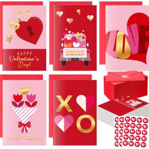 100 Pcs Valentine's Day Greeting Cards Gold Foil with Red Envelopes and Stickers 5 Designs Assortment 5.9 x 3.9 Inches Blank Inside for Valentine's Day Wedding Anniversary
