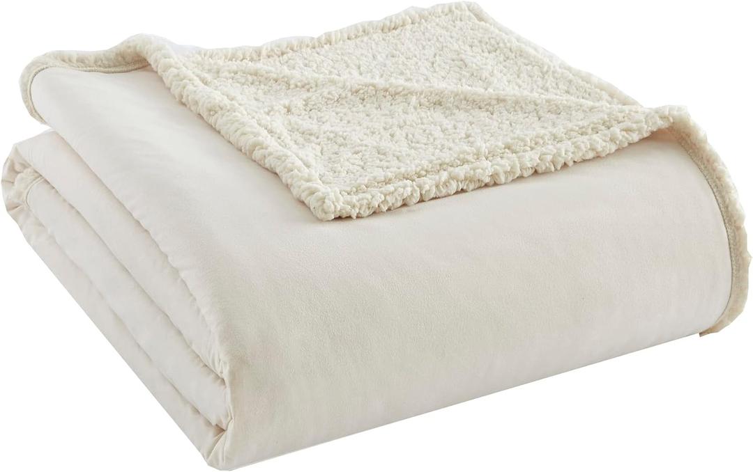 Thermee Micro Flannel Sherpa Blanket, Super Soft, Easy Care, Sand, Full/Queen