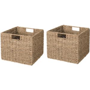 12x12x10in Seagrass Storage Baskets Set of 2, Large Wicker Storage Basket, Decorative Seagrass Shelf Basket, Pantry Baskets Organization,Folding Storage Cube Bins
