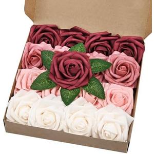 BLEUM CADE 16Pcs Artificial Flowers Fake Roses with Stems, Gradient Burgundy Boxed Foam Roses for DIY Bouquets Centerpieces Wedding Party Arrangement Bridal Shower Decor