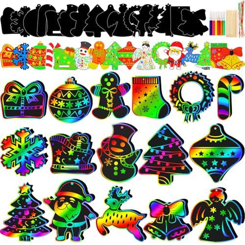 Natonhi 96pcs Christmas Crafts for Kids, Christmas Party Favors Magic Rainbow Scratch Paper Ornament with Wooden Drawing Sticks, Lanyards for Kid Holiday Party Gifts, Classroom Activities