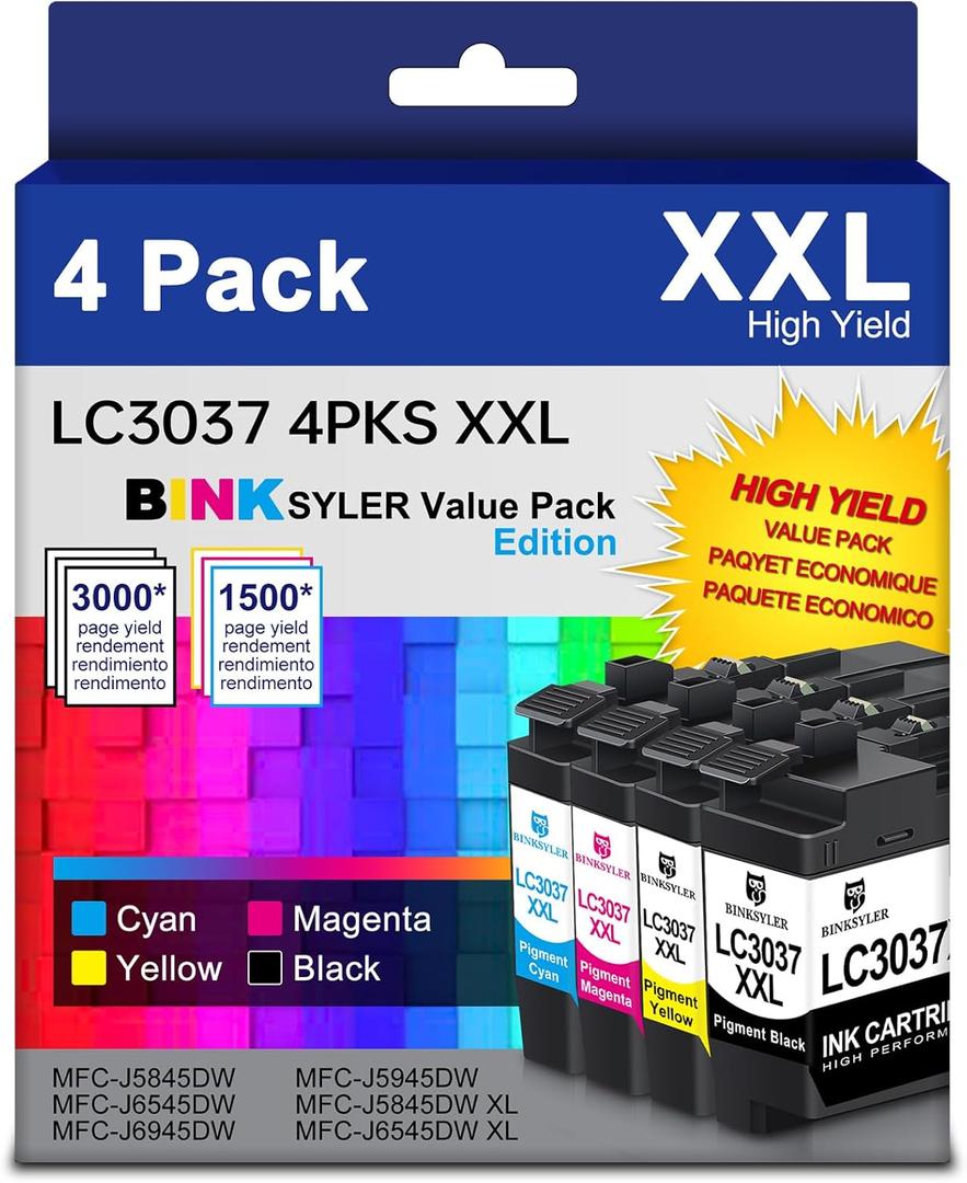 LC3037 Ink Cartridges 4-Pack BK/C/M/Y, Super High Yield Compatible for Brother LC3037 LC3037XXL LC3039 MFC-J6545DW Printer Ink