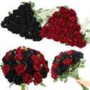 Ovveroche 24 Pcs Roses Artificial Flowers, Silk Black & Red Artificial Flowers Petals Long Stem Roses for Wedding Bouquet Home Party Decor