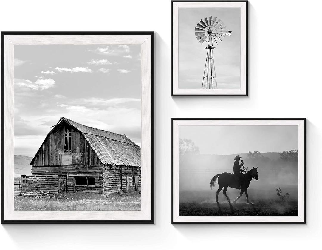 Rustic View Framed Wall Art: 3 Pieces Black and White Farmhouse Picture Misty Cowboy Old Barn Photography Modern Windmill Landscape Artwork Nature Horse Prints for Bedroom Office Living Room