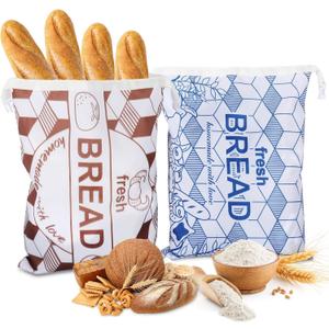 2-Pack Reusable Bread Bags for Homemade Sourdough, Large 16.92x12.59 Inch Snap Closure Bread Storage Bags with Food-Grade TPU Liner for Refrigerator Freezer Picnic (Brown & Blue)
