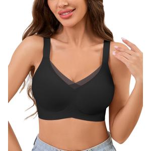 POSESHE Womens Wireless Bras V Mesh Comfortable Bralette Supportive Tshirt No Underwire Seamless Push Up Everyday Bra (Large, Black)