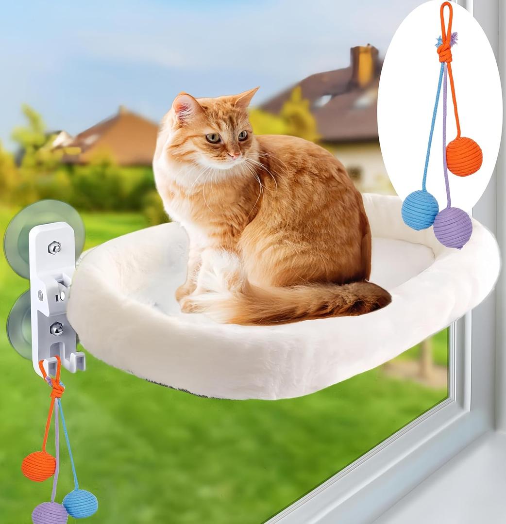 Cat Window Perch Cat Hammock Foldable Hanging BedUpgrade Strong Suction Cups Sturdy Holds Up to 25kg,Easy to Assemble,Reversible Cover 53 * 30cm (White, M-52CM)