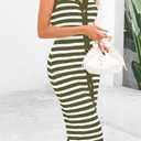 BTFBM Casual Women Spring Dresses 2025 Sleeveless Striped Midi Button Down Dress Ribbed Knit Cardigan Cover Up Dress (XXL)