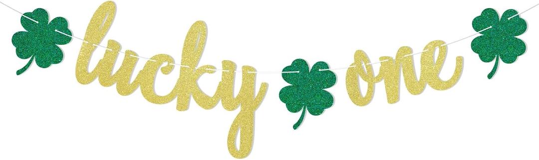 Lucky One Banner - St Patricks Day 1st Birthday Party Decorations, Gold Glitter, 5.9 inches Tall