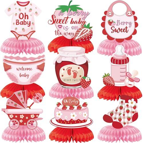 VorkiVecKi Strawberry Baby Shower Decorations - Berry Sweet Honeycomb Centerpieces 9 Pieces Pink Berry Sweet Baby Shower Decorations Supplies for Girls Gender Announcement Party Table Decor