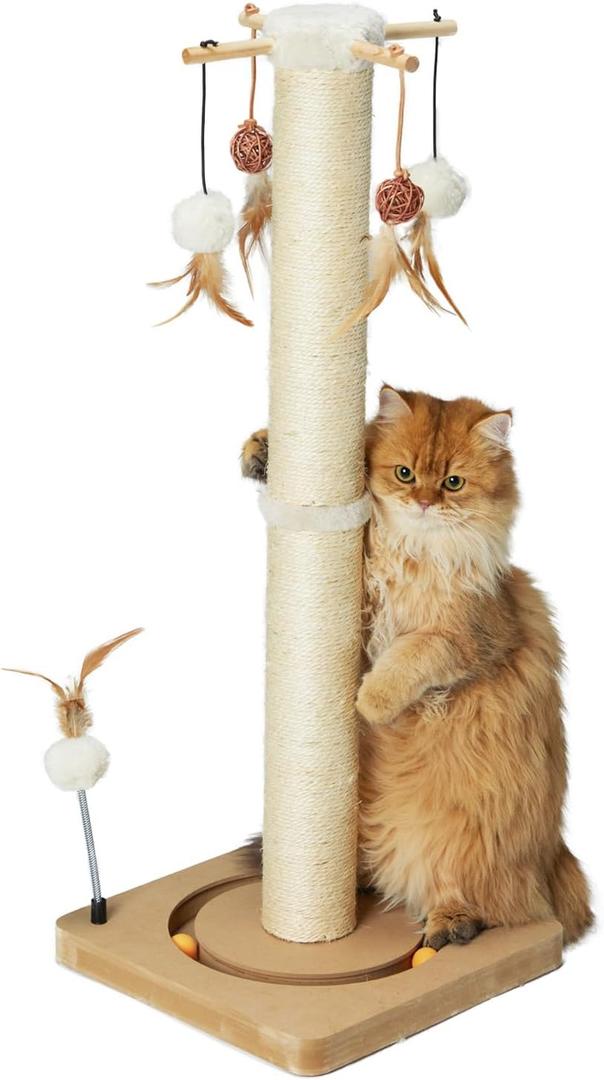 PEEKAB Cat Scratching Post 33 Inches Tall Large Sisal Scratch Posts with Track Ball Toys for Indoor Cats and Kittens, Vertical Scratcher Toy, Beige