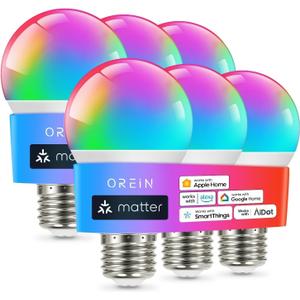 OREiN Matter Smart Light Bulb, Smart Light Bulbs Work with Apple Home, Alexa, Google Home, SmartThings, A19 Color Changing Light Bulbs 2.4Ghz WiFi, 800 Lumens Equivalent 60W 6Pack