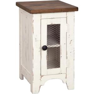 Signature Design by Ashley Wystfield Farmhouse Chair Side End Table with Cabinet Door for Storage, White & Brown with Distressed Finish