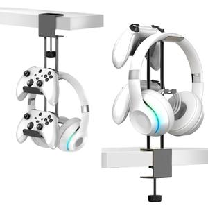 Headphone Stand with Controller Holder, Aluminum Under Desk Clamp Headset and Controller Stand - 2 in 1 Headphone Hanger for Desktop PC Gaming Accessories Organizer with PS5 Xbox Series S