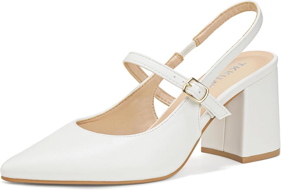 TKKUA Women's Pointed Toe High Heels, Chunky Heel with Ankle Strap, for Wedding, Party, Prom, Dress (White PU, Adult, Women, 9.5, Numeric, US Footwear Size System, Medium)