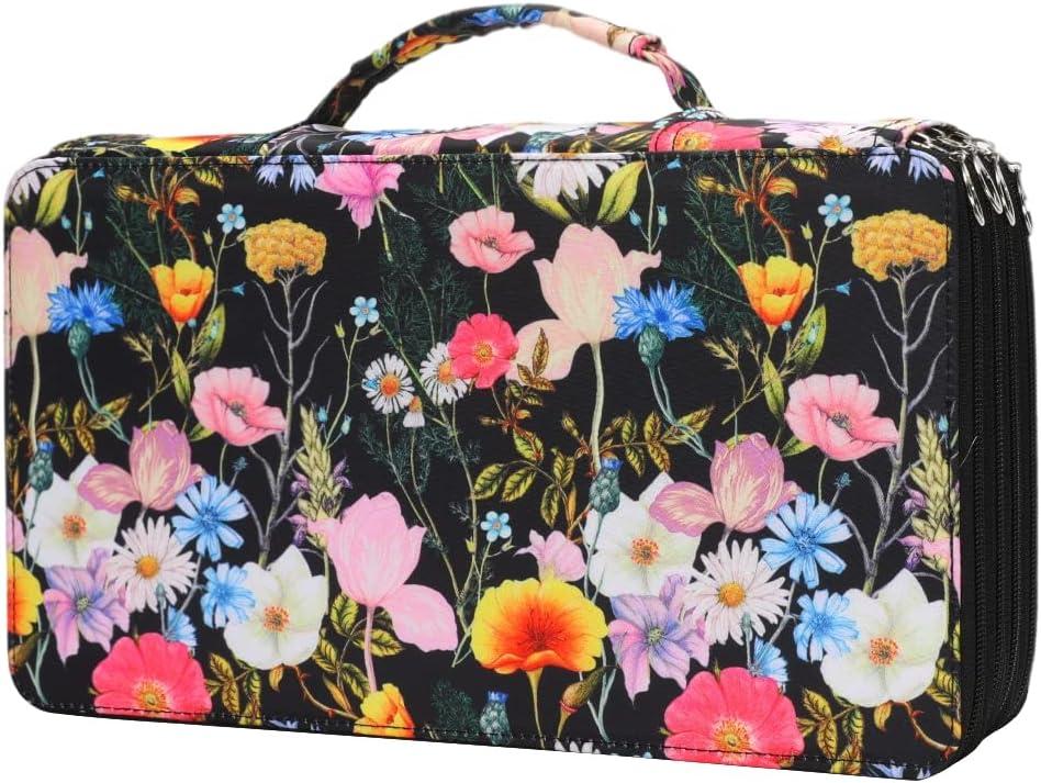 Large Capacity Black Flower Pencil Holder with Zipper Closure Twill Fabric Pencil Case for 300 Colored Pencils or 200 Gel Pens