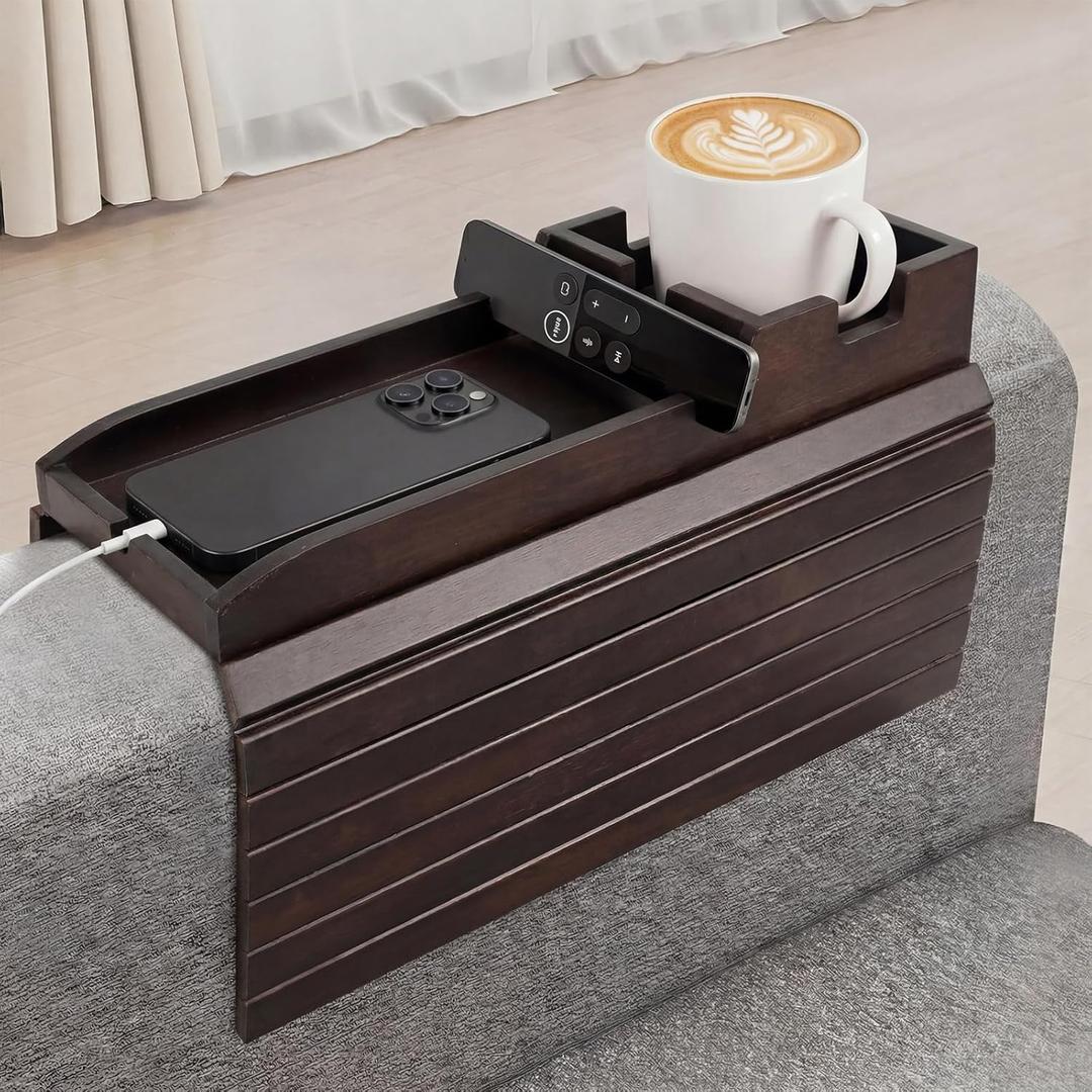 Bamboo Couch Arm Tray Table with Built-in Cup Holder, Foldable Anti-Slip Sofa Armrest Table for Drinks, Phone & Remote, Fits 4.716.9 in Armrests, Holds Cups up to 3.5 in Diameter (Brown)