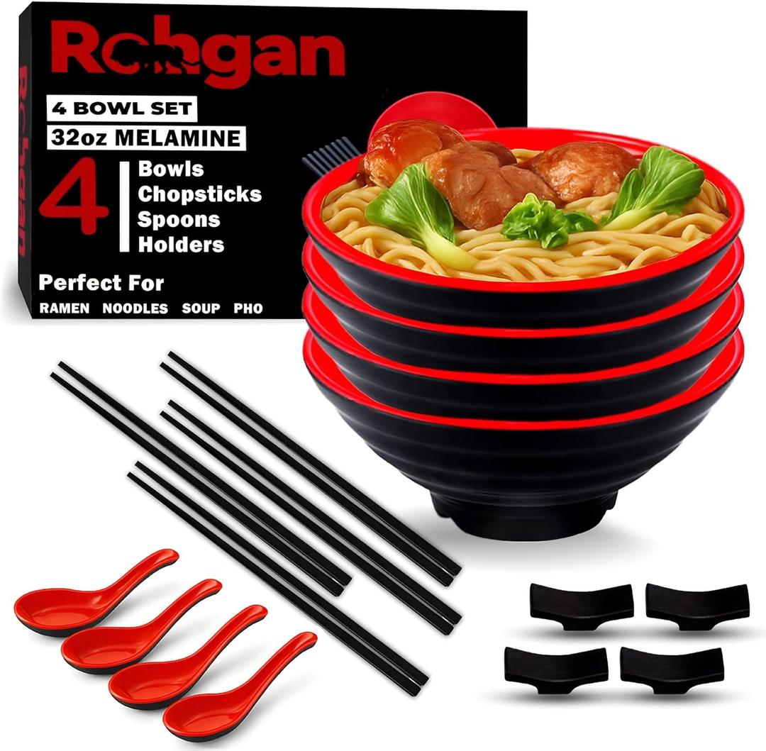 ROHGAN 32oz Japanese Ramen Bowl Set – Red & Black Melamine Pho Bowls with Chopsticks, Spoons & Holders – Durable, Dishwasher-Safe Dinnerware for Ramen, Udon & Soups (20-Piece Set)