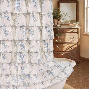 Yinhua Blue Floral Shower Curtain, Farmhouse Ruffle Shower Curtains for Bathroom, French Country Bath Curtain Waterproof Washable, 72 Wx72 L