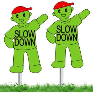 Shimeyao 2 Pcs Metal Slow Down Kids at Play Sign with Stake for Street Safety Double Sided Weatherproof Children at Play Safety Sign for Street 38" Tall for Neighborhoods Outdoor Yard Lawn(Green)