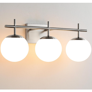 Bathroom Light Fixtures over Mirror, 3-Light Brushed Nickel Vanity Lights for Bathroom, Mid-Century Modern Vanity Light with Milky White Globe Glass Shades, 22.4 Inch Sconces Wall Lighting for Bath