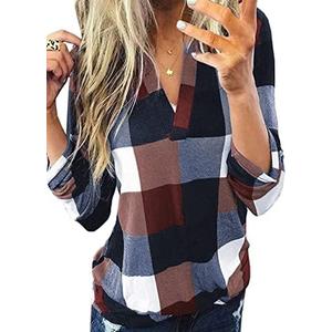 Dokotoo Womens Basic Casual V Neck Plaid Print Cuffed Long Sleeve Work Tops Blouses Shirts L