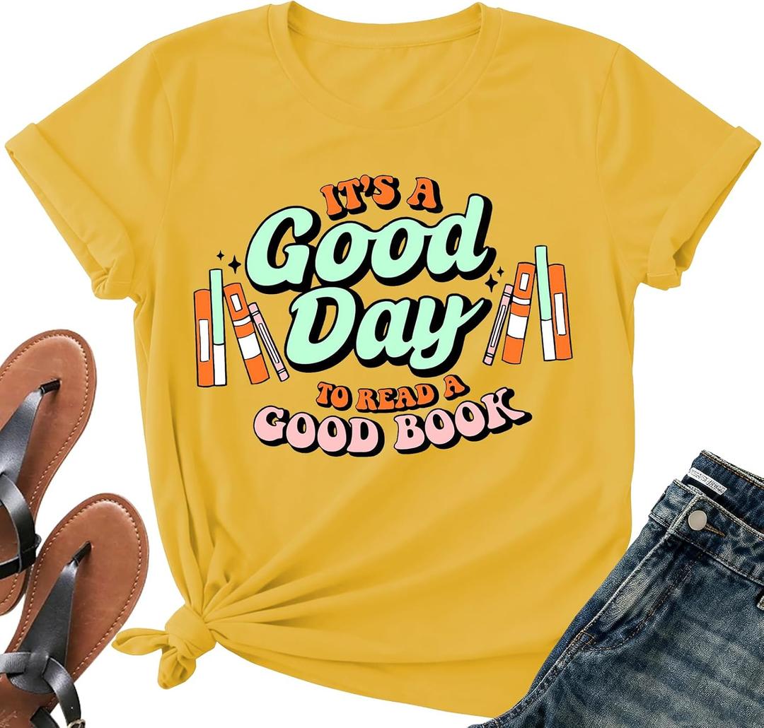 It's a Good Day to Read a Good Book Shirt Women-Cute Librarian Read Short Sleeve Book Lovers Tee Tops (Yellow, L)