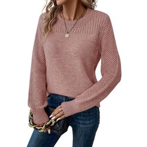 Womens Sweaters Casual Long Sleeve Crewneck Crochet Knit Pullover Sweater Tops 2025 Fall Fashion Trendy Outfits (Medium, Pink)