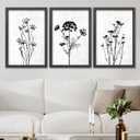 TQianJiang Flower Plant Wall Decor 16"x11" Black And White Botanical Painting Wood Framed Set of 3 Bedroom Office Abstract Wildflower Sign Hanging Art (Black)