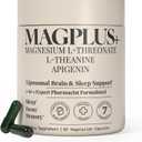 MAGPLUS+ Magnesium L-Threonate w. Apigenin & L Theanine, 1500mg 7-Ingredient Sleep Blend - Brain & Memory Support - Liposomal Magnesium Threonate Supplement - Capsules Supports Health, Rest & Mood 04/2028