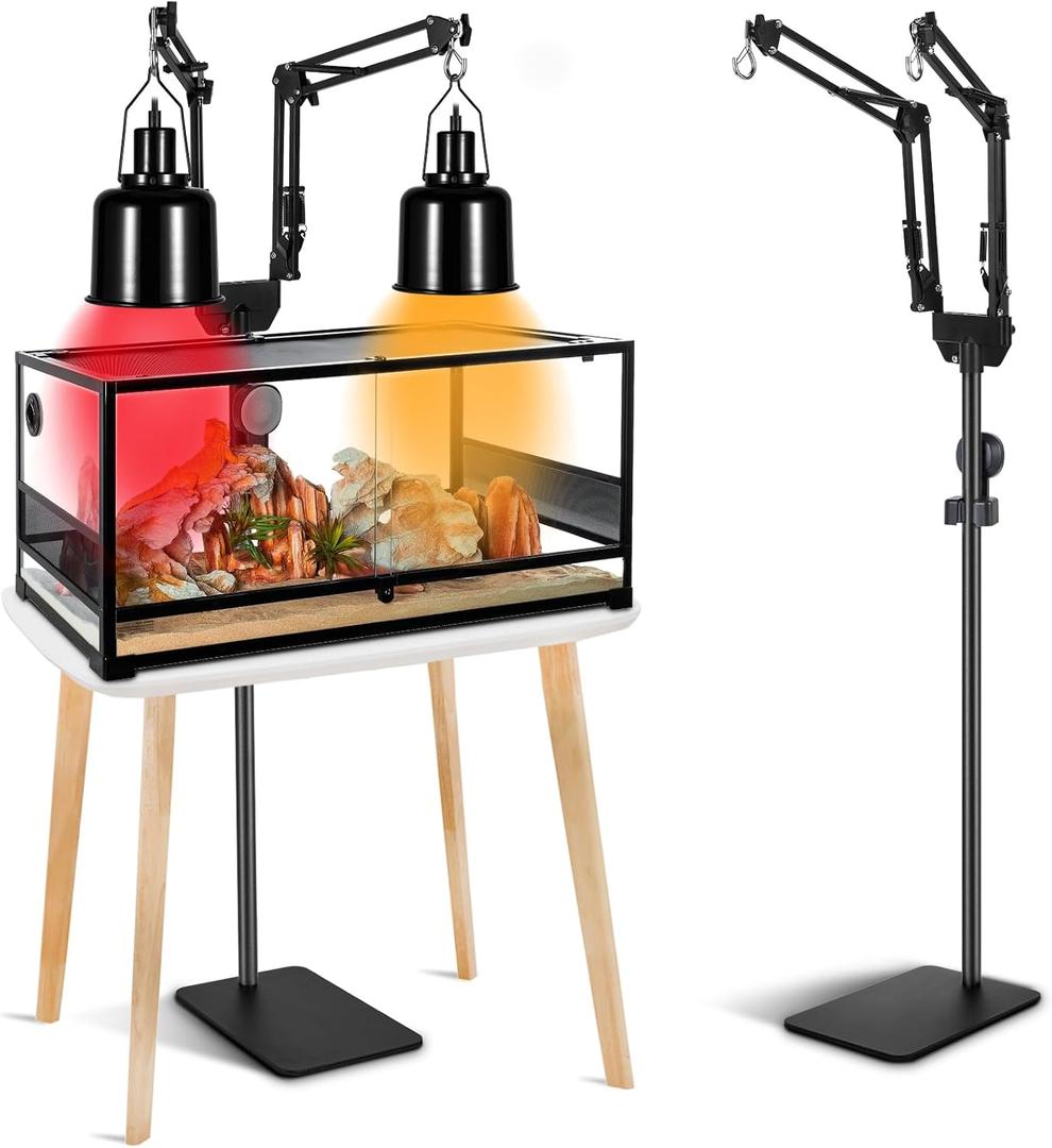 Dual Reptile Heat Lamp Stand, Adjustable Reptile Light Stand (15.7-74.3inch) with 360 Swing Arm and Anti-tip Clip, Lamp Holder for Terrarium, Amphibians Cage and Plants