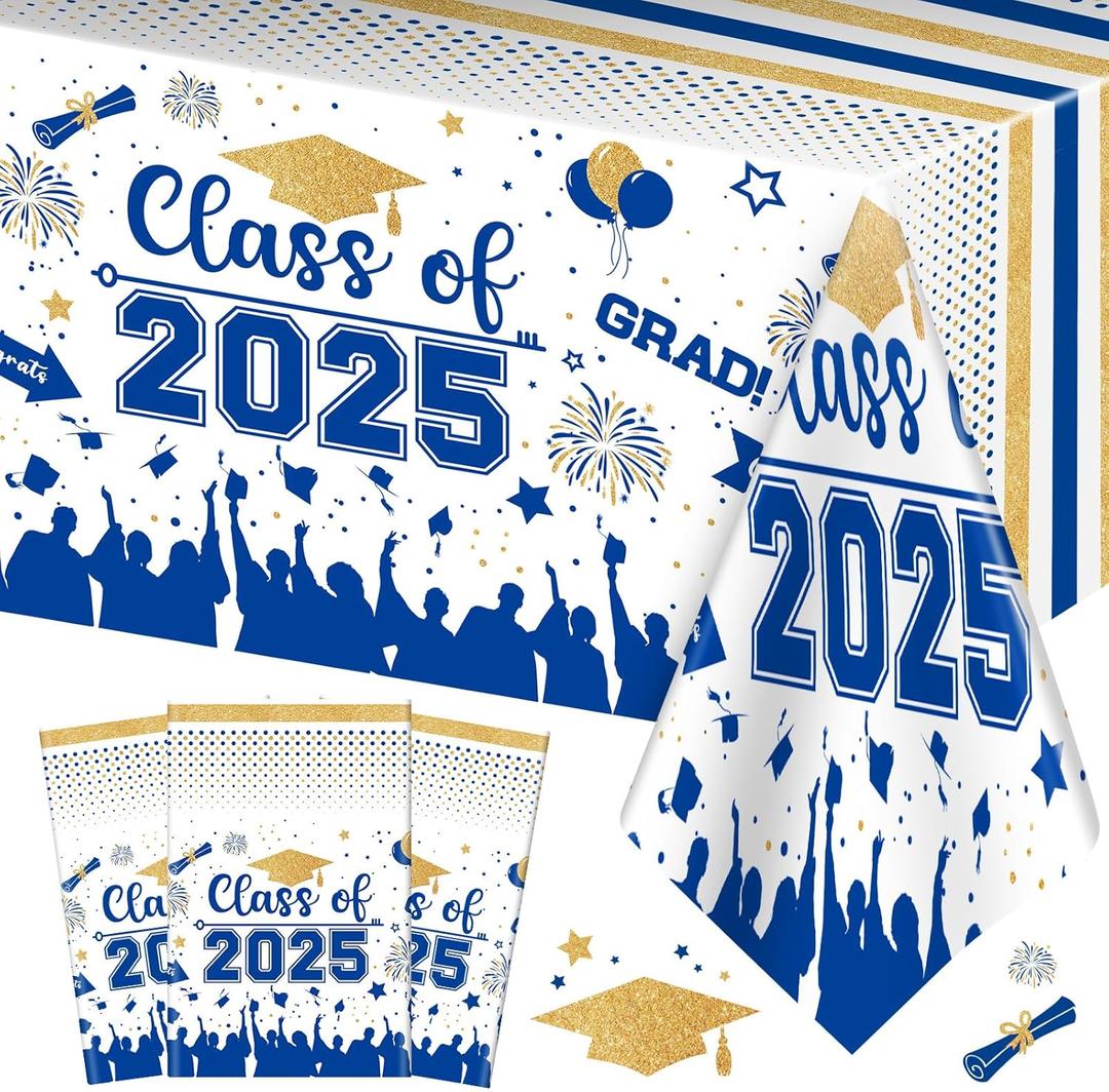 Graduation Decorations Class of 2025 Tablecloth - 3 Pcs Plastic Congrats Grad Table Cloth, Graduation Table Cover for Graduations Party Decorations 2025 and Party Supplies, 54"x108" (Blue and Gold)
