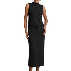 Casly Lamiit Women's 2 Piece Set Sleeveless Mock Neck Midi Skirt Sets Lounge Travel Outfit Matching Summer Casual Clothes (Black, XS)