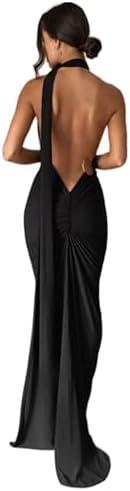 Women's Sexy One Shoulder Backless Maxi Dress Elegant Ruched O Ring Sleeveless Evening Dress Long Gown Cocktail Dress S